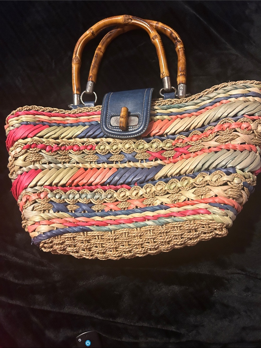 Woven Multicolor Straw Tote with Bamboo Handles